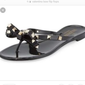 Valentino Garavani Black Patent Bow Jelly Flip Flops with Gold Studs